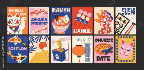 Japanese asian culture posters in minimalist style. Cartoon traditional motifs, sushi, geisha, koi fish, sakura blossoms and ramen. Wall decor, trendy banners. Decor of wallpaper, print and placard