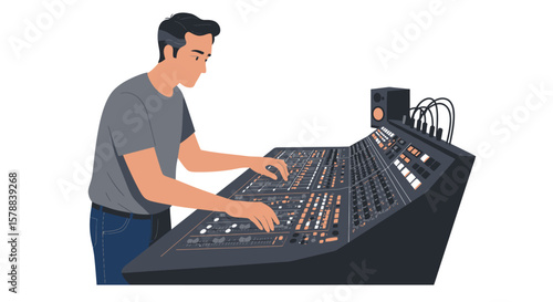 Man operating a large audio mixing console with multiple channels and controls.