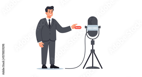 Cartoon Man in Suit Pressing Record Button on Vintage Microphone.