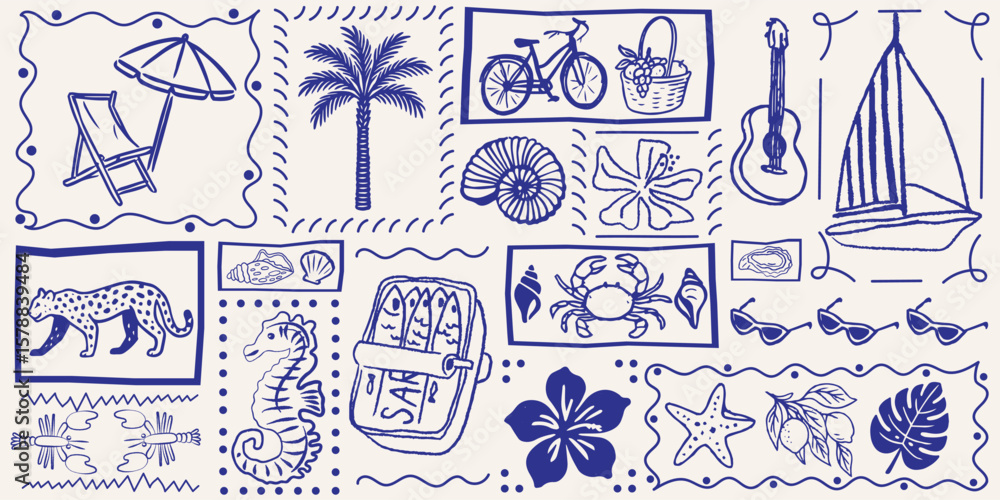 Fototapeta premium Seamless tropical pattern in retro cartoon style. Nautical and summer elements: palm trees, shells, fruits, sea creatures, beach icons.Graphic layout with Mediterranean holiday mood and coastal poster