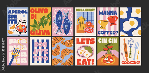 Abstract food posters for the kitchen. Culinary compositions in cartoon trendy style of Matisse. Decor for kitchens, cafes and restaurants. Minimalist banners for wall decor, prints, wallpaper.