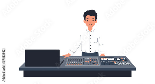 Cartoon man operating a sound mixing console with laptop wearing a white shirt.