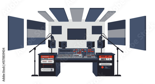 Professional Audio Recording Studio with Mixing Console and Acoustic Treatment.