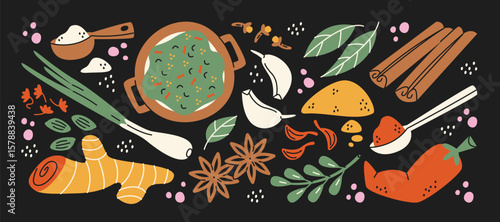Indian spice stickers in retro cartoon style.Herbs set: turmeric, garlic, cinnamon, chili, herbs. Traditional masala ingredients, illustration in funky, doodle style, trendy shapes set.