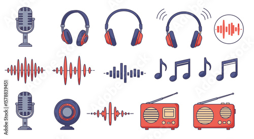 Audio and Music Elements: Microphones Headphones Sound Waves Notes and Radios.