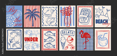 Sea summer posters beach coast ocean in minimalist style. Wall decor, trendy banners of vibe, fruits, plants, cocktails in the cartoon style of Matisse. Decor of wallpaper, walls, print and postcard