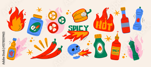 Spicy food shapes in retro cartoon style. Condiments and peppers: chili, hot sauce, flames, jalapeno. Hot taste stickers, illustration in funky, doodle style, trendy sticker set.