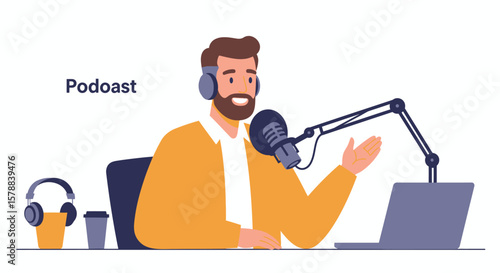 Cartoon man with beard hosting a podcast with microphone and laptop.