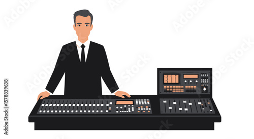 Man in Suit Operating a Complex Audio Mixing Console with Faders and Knobs.
