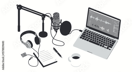 Podcast Recording Setup with Microphone Headphones Laptop and Notepad.