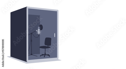 Isolated Recording Booth with Microphone and Chair Dark Blue and Gray Tones.