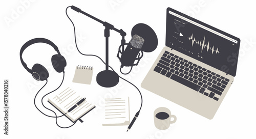 Podcast Recording Setup with Microphone Headphones Laptop and Notepad.