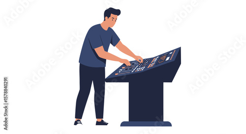 Man operating a dark blue audio mixing console with sliders and buttons.