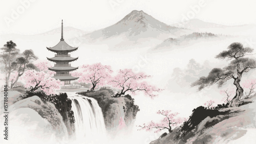 Sumi Sky Peaks Japanese style landscape isolated watercolor vector illustration svg