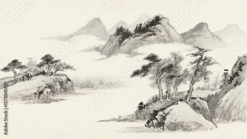 Ukiyo Horizon Japanese style landscape isolated watercolor vector illustration svg