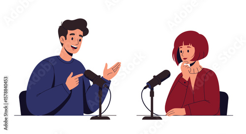 Podcast Recording with Man in Blue Sweater and Woman in Red Jacket.