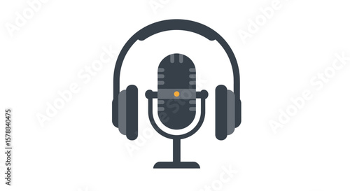 Dark Gray Headphones and Microphone with Orange Dot Podcast Recording Equipment.