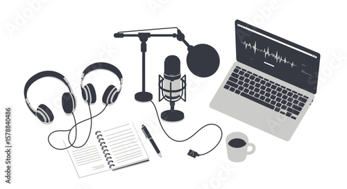 Podcast Recording Setup with Microphone Headphones Laptop and Notepad Illustration.