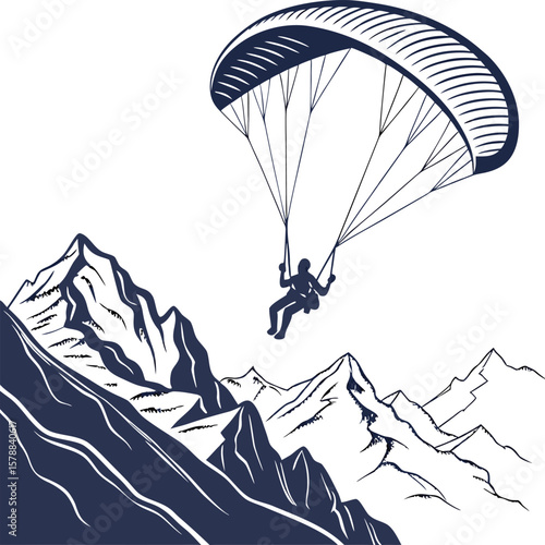 Elegant vector of a paraglider gliding over majestic mountains, perfect for adventure, nature, or travel-themed artwork