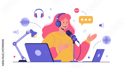 Cartoon Woman with Pink Hair Hosting a Podcast with Microphone and Headphones.