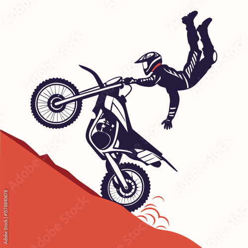 Dynamic vector of a motorbike stunt rider leaping off a hill, perfect for extreme sports, action, or adventure-themed designs.