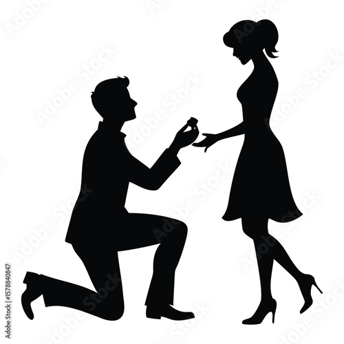 Romantic black silhouette of a man proposing on one knee to a woman, ideal for wedding, love, or engagement-themed designs.