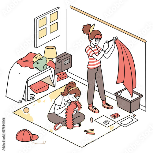 Two girls in a bedroom, one hanging a red cloth, the other working on a red boa on the floor with items