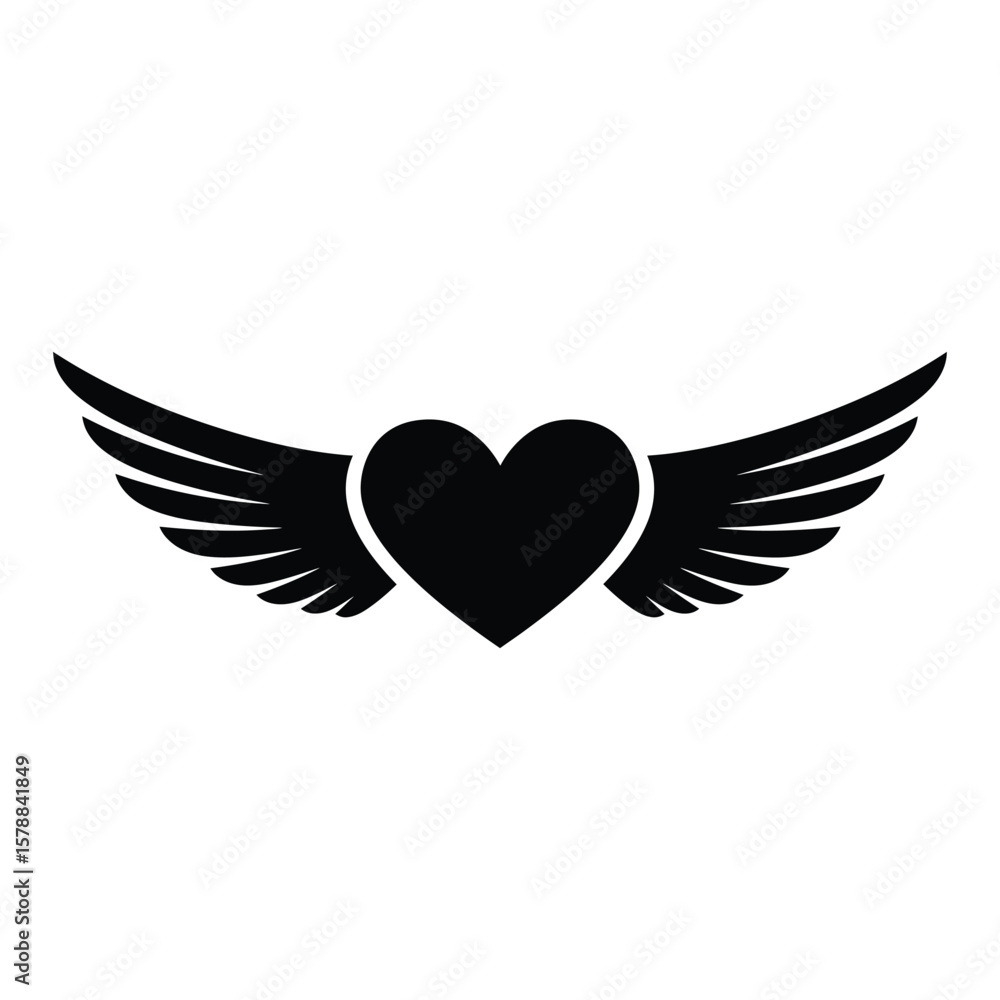Fototapeta premium A black heart with wings is isolated on white background, representing freedom and love