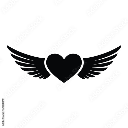 A black heart with wings is isolated on white background, representing freedom and love
