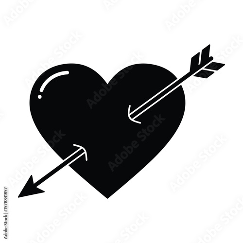 A black heart pierced by an arrow is isolated on white background, representing love and connection