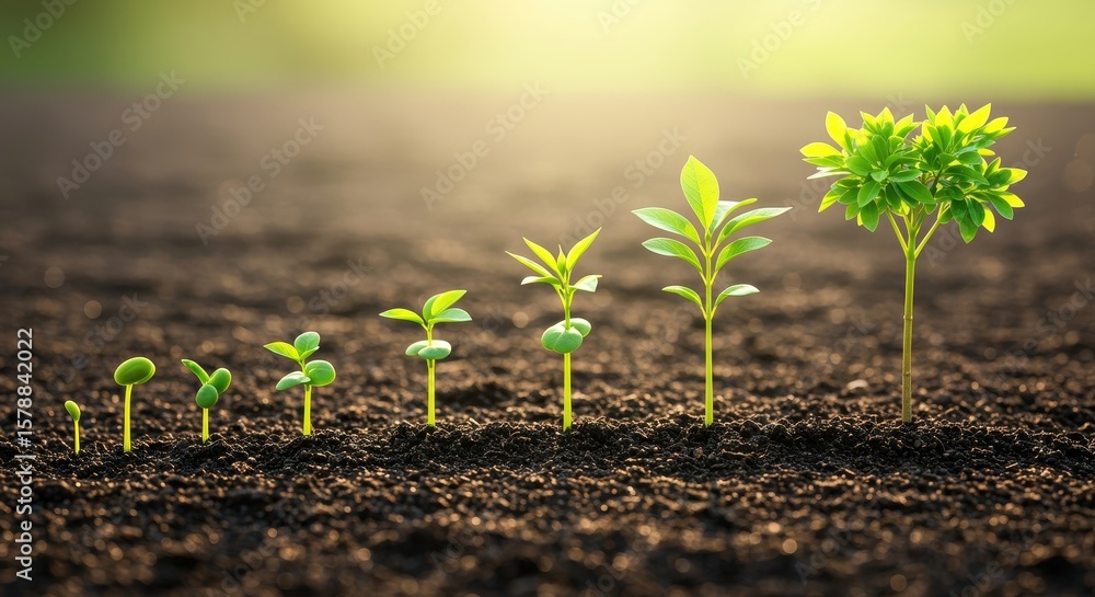 Fototapeta premium Seedling Journey: A photographic illustration of growth and transformation of a plant, charting its development from a humble seed to a flourishing tree.