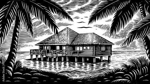 Tropical island villa on stilts over turquoise lagoon with palm roofs and sunset background, rendered in stunning black and white line art illustration for vacation, beach, and tourism visual