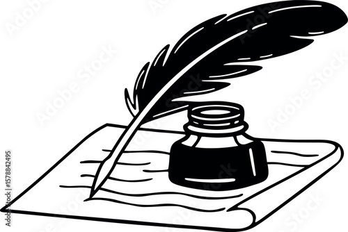 Vintage Feather Quill and Ink Pot Illustration – Hand-Drawn Writing Tool Art