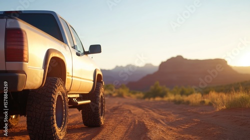 Pickup truck on dirt road sunrise landscape