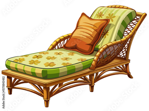 vector of Rattan chaise longue chair with soft cushions on white isolated background