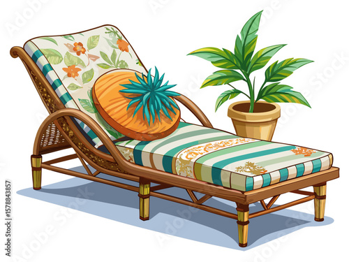 vector of Rattan chaise longue chair with soft cushions on white isolated background