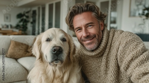 Man with his dog on light couch in bright living room, warm smile and white muzzle fur, International Dog Day, family bonding