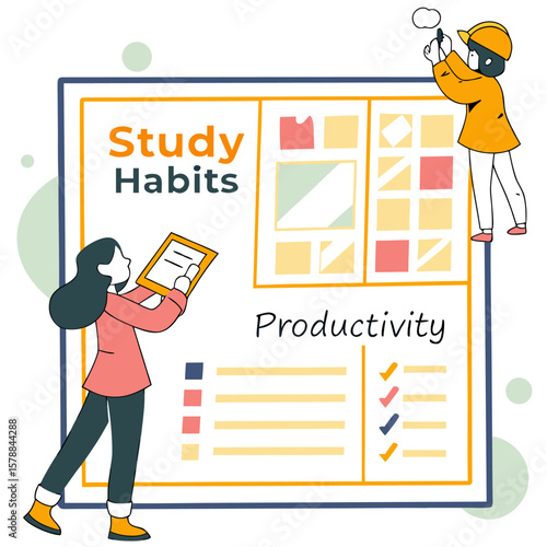 Illustration of a productivity board with study habits checklist and people interacting with the content shown 100
