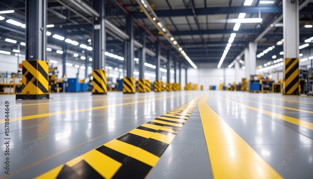 Fototapeta premium Wide-angle view of a modern warehouse interior featuring yellow and black safety markings on the floor