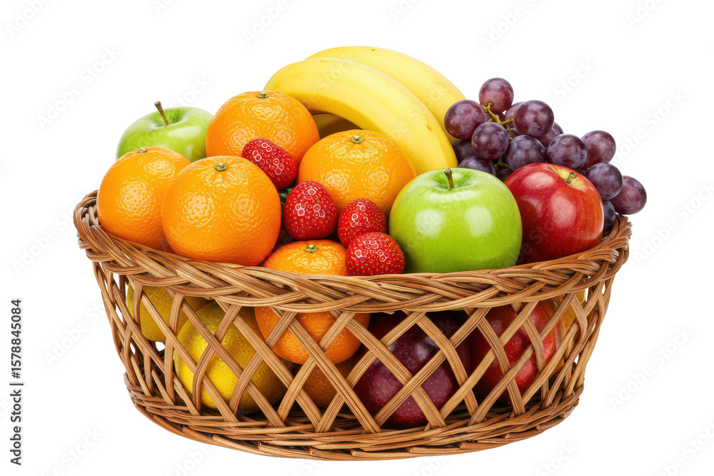 Many different fresh fruits in wicker basket isolated background Many different fresh fruits in wicker basket isolated background