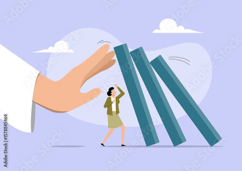  Jesus hand firmly stopping a series of falling blue rectangular blocks