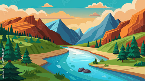 Serene mountain valley with a winding river and evergreen trees at sunset
