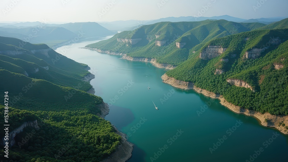 Obraz premium Serene River Valley: An aerial perspective unveils a winding river carving its way through majestic mountain cliffs, showcasing nature's beauty, with clear water reflecting the sky above.