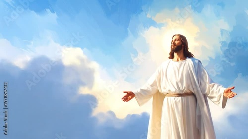 Painting of a man in white robe against a cloudy sky