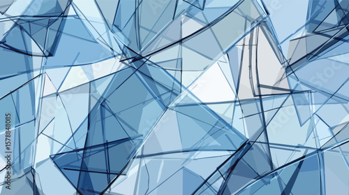 Abstract geometric background of overlapping transparent blue glass shards and fragmented shapes.