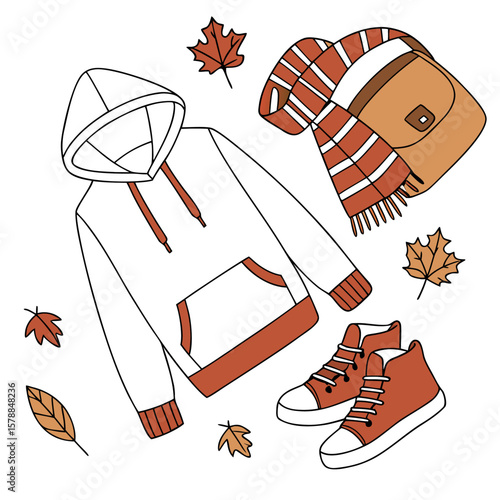 Illustration of a white hoodie, backpack, scarf, sneakers, and autumn leaves scattered around on white background