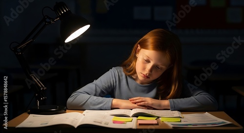 Diligent Young Girl Studying Late at Night Under Desk Lamp