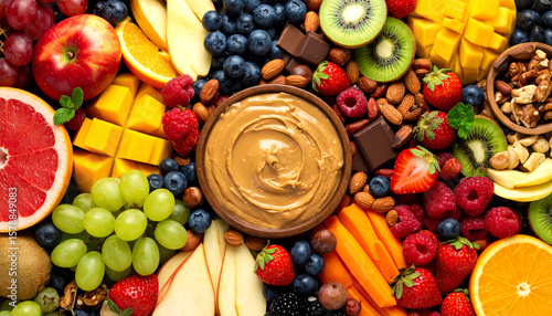 A vibrant display of assorted fruits, nuts, and a bowl of peanut butter creates a healthy, colorful snack idea.