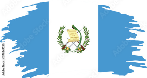 flag of guatemala with national coat of arms featuring quetzal bird and scroll on white stripe between blue bands