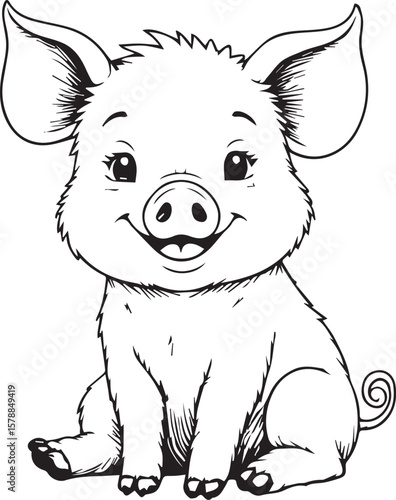 Charming Piglet Illustration: A delightful black and white illustration of a smiling piglet, brimming with innocent charm and irresistible adorableness.